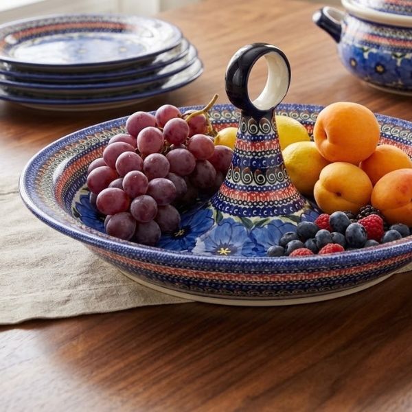 Handmade Polish pottery serving bowls with handles from Boleslawiec